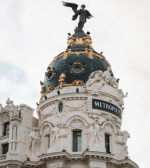 Up-close picture of Metropolis in Madrid turret