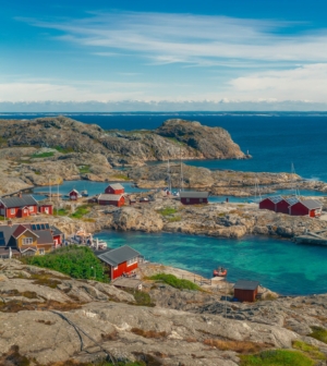 Aerial view of a Swedish cove with red homes and boats