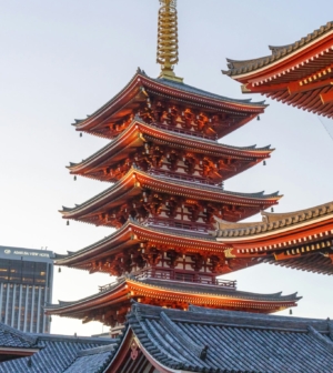 Tall red Japanese temple