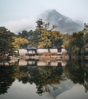 South Korean temple on an island surrounded by water