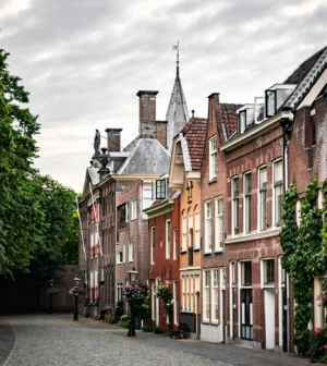 Street in Leiden, Netherlands highlighting old houses