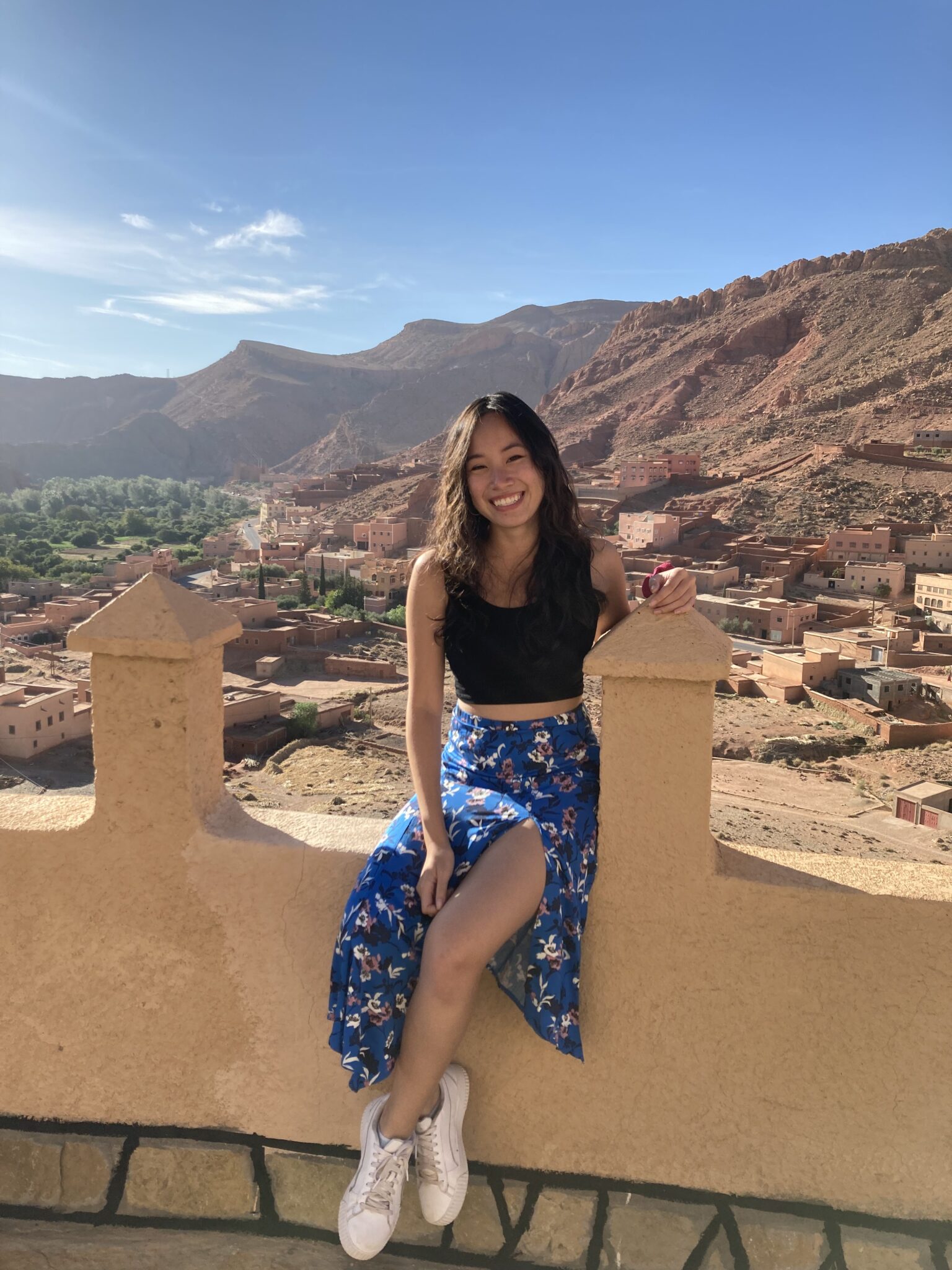 Student on a wall with desert mountains behind them.