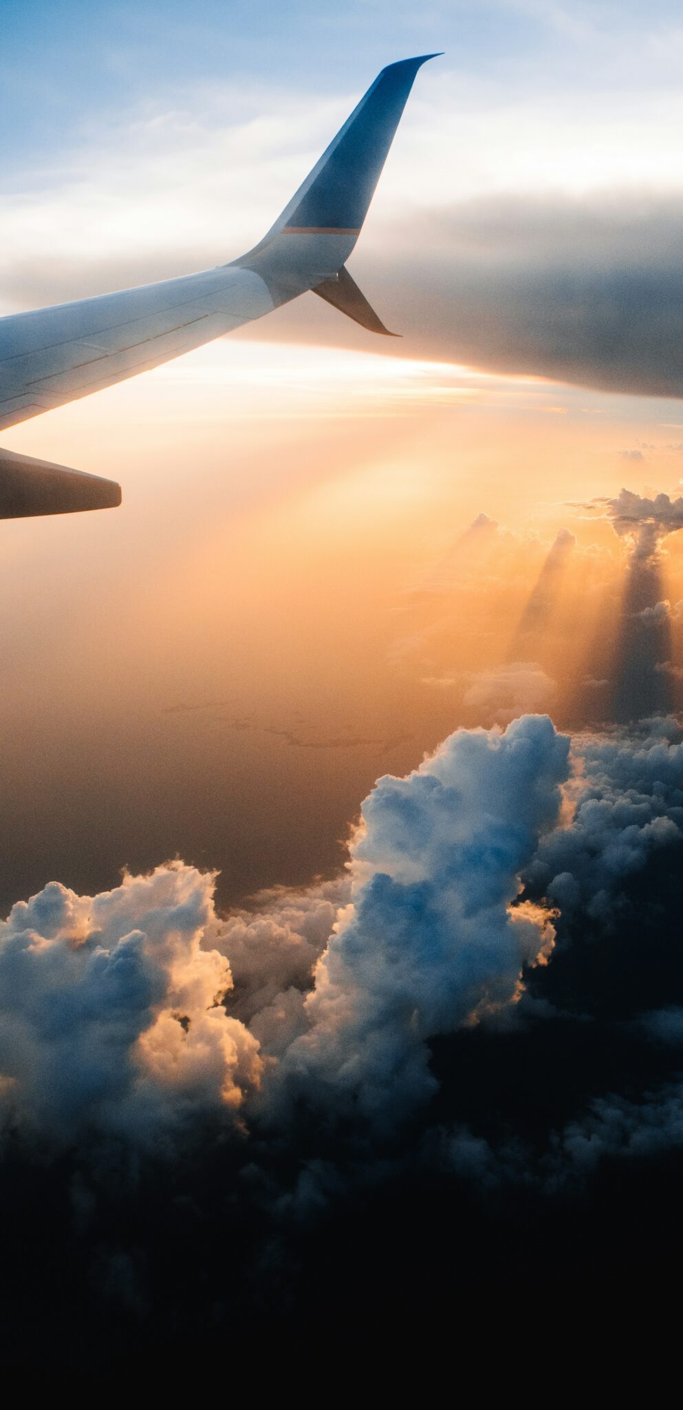 Plane wing in the air during sunset