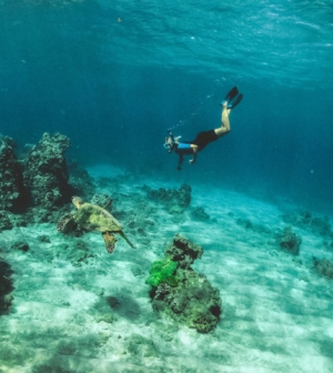 Photo of a woman snorkeling with a turtle