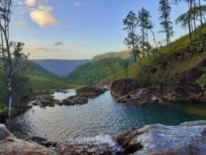 A clear turquoise river winds through rocky terrain flanked by lush green hills, pine trees, and a sweeping forested valley stretching into the distance under a soft blue sky, Belize.